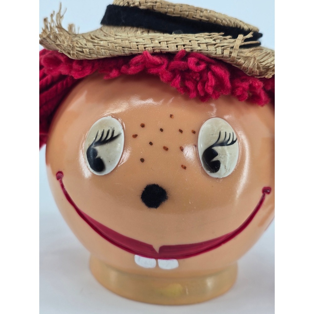 Vintage Raggedy Ann Head Coin Bank Plastic Straw Hat Red Yarn Hair Piggy Bank
